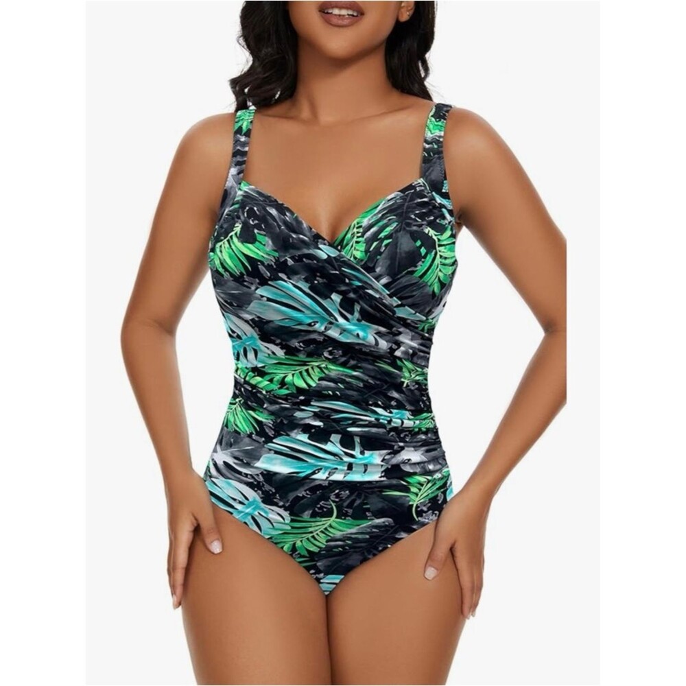 Aqua Regina Plus Swimsuit One Piece Ruched Tummy Control B/Leaf Tropical 3XL NWT